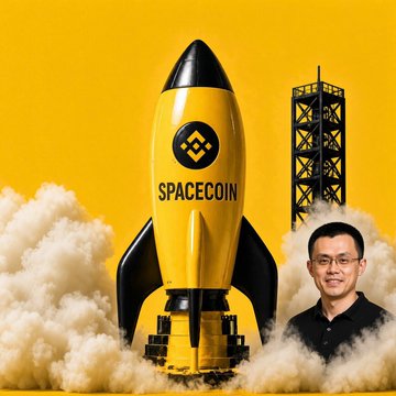 A digital illustration features a yellow rocket labeled 'SPACOIN' next to its Binance logo, with a man wearing glasses positioned to the right against a yellow background.