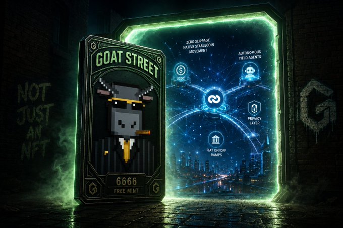 A digital graphic promoting "GOAT STREET" featuring a pixel art goat character in a suit, with "6666 FREE MINT" text and a portal showing crypto/Web3 features like "ZERO SLIPPAGE NATIVE STABLECOIN MOVEMENT", "AUTONOMOUS YIELD AGENTS", "PRIVACY LAYER", and "FIAT ON/OFF RAMPS", alongside graffiti reading "NOT JUST AN NFT".