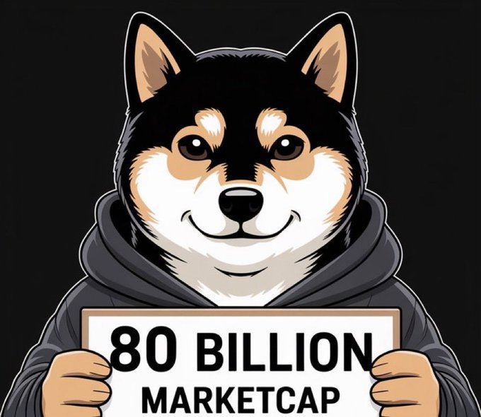 A cartoon illustration of a smiling Shiba Inu dog in a black hoodie holding a sign that reads '80 BILLION MARKETCAP'.