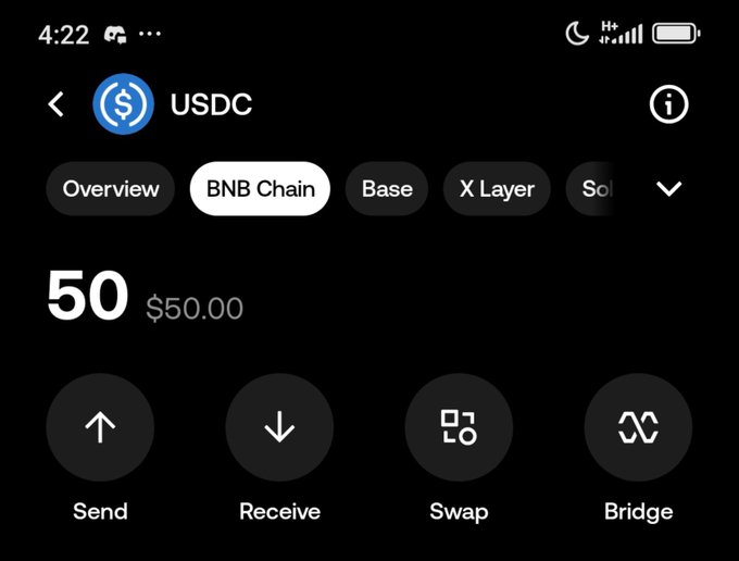 A cryptocurrency wallet screen on a mobile device displaying USDC on the BNB Chain with a balance of 50 ($50.00) and options for Send, Receive, Swap, and Bridge.