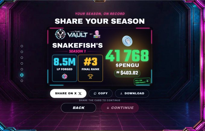 A 'Share Your Season' results card from The Vault by Moccy, showing Snakefish's Season 1 results with 8.5M LP Forged, Final Rank #3, and 41,768 $PENGU (approximately $403.82), with options to share, copy, or download.