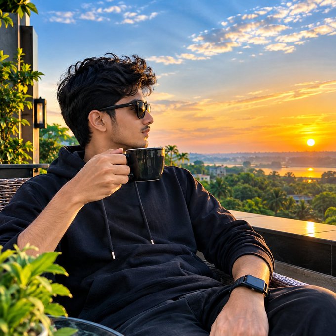 A man with dark hair and sunglasses wearing a black hoodie holds a black mug while looking out at a sunset over a city landscape.