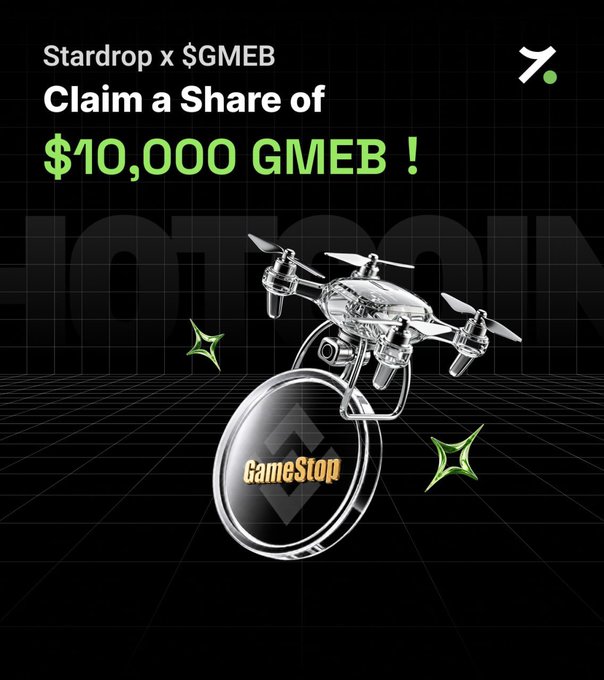 A promotional graphic for the Stardrop x $GMEB airdrop features a chrome drone carrying a GameStop-branded coin, with bold text announcing "Claim a Share of $10,000 GMEB!" that complements the campaign's $10,000 prize pool giveaway tied to GameStop.