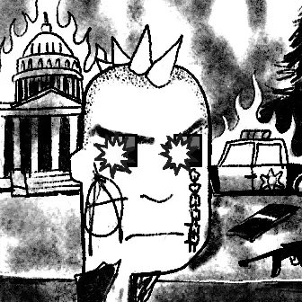 A black and white punk-style digital drawing of a character with spiked hair, star-shaped eyes, an earring, and a chain accessory, with flames, a government building with a dome, and a vehicle in the background.