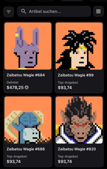 A mobile interface displays four Zaibatsu Wagie NFT listings—#684, #99, #686, and #820—with prices ranging from $93.74 to $478.25, supporting the post's claim about earning passive income from these character-based NFTs featuring pixel art of figures like a purple wolf and a samurai.