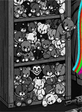 A black-and-white illustration of a wooden shelf densely packed with various teddy bears, with a colorful, glitching edge on the right side.