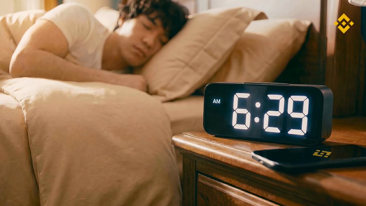 The image features a man sleeping next to an alarm clock displaying 6:29 AM. The clock has a digital display with black numbers and letters. In the background of the image, there are two cell phones placed side by side, possibly indicating that the man is using his phone for some purpose before going to sleep or upon waking up from his nap.