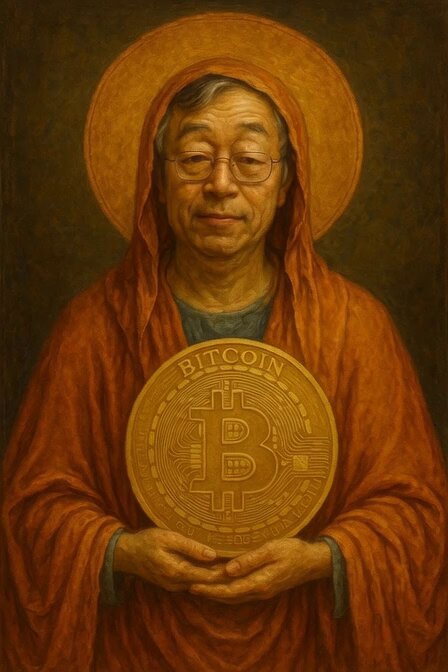 The image features an elderly woman dressed in traditional clothing, holding a large golden coin with the word "bitcoin" written on it. The painting portrays her as a saint or religious figure, possibly associated with Bitcoin. The background of the artwork is dark green, which contrasts with the bright gold color of the coin and adds depth to the scene.