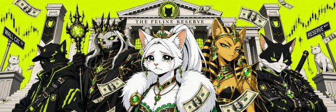 Illustration titled 'THE FELINE RESERVE' depicting anthropomorphic cat characters with Egyptian and dark fantasy themes in front of a grand building, surrounded by floating money.