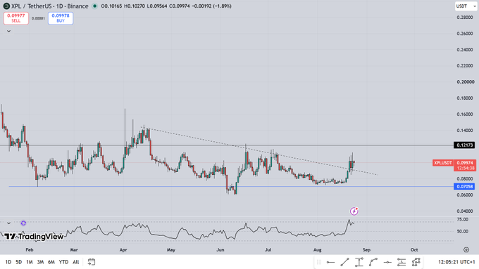 The image shows a TradingView daily chart of XPL/USDT on Binance, where the price has broken above a descending trendline resistance after months of consolidation near the $0.070 support level, currently trading around $0.09974. The post's caption humorously justifies this classic breakout trading strategy, where traders draw the diagonal resistance line and aggressively buy (or "ape") once price decisively closes above it—visualizing exactly that setup here.