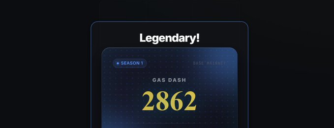 The image features a cell phone screen with a score of 2862 displayed, along with the text "Legendary!". The background of the image is black, which contrasts with the white text and the number displayed on the phone's screen. The caption below the image reads "I just scored @Base Seasons! Can you beat my onchain legacy?". This suggests that the person who posted this content has achieved a high score in Gas Dash or is attempting to achieve one themselves.