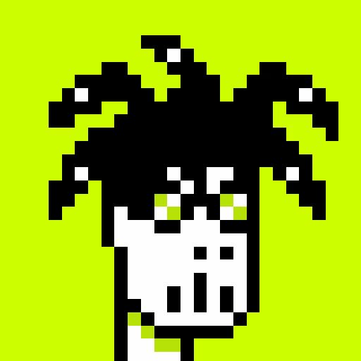 A pixel art illustration on a bright lime green background depicts a stylized character with a large black afro hairstyle and white face with simple dot eyes and mouth details.