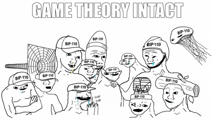 The image is a black-and-white "Game Theory Intact" meme featuring a crowd of crying Wojak characters, all wearing hats labeled "BIP-110," representing the crypto community's reaction to BIP-110, a Bitcoin Improvement Proposal aimed at limiting arbitrary data storage on the blockchain. The caption suggests that despite BIP-110 being mathematically impossible to activate, miners are expected to flip the bit (signal support) anyway, highlighting the meme's satirical commentary on political signaling within Bitcoin development.