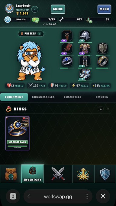 A screenshot of a mobile game interface for the character 'LazyLizard' showing a level of 57 and a 'Moonlit Band' ring equipped in the inventory.