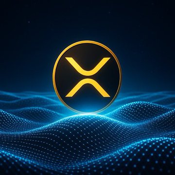The XRP logo is displayed prominently in a gold and black circle against a digital, glowing blue background with a dotted wave pattern.