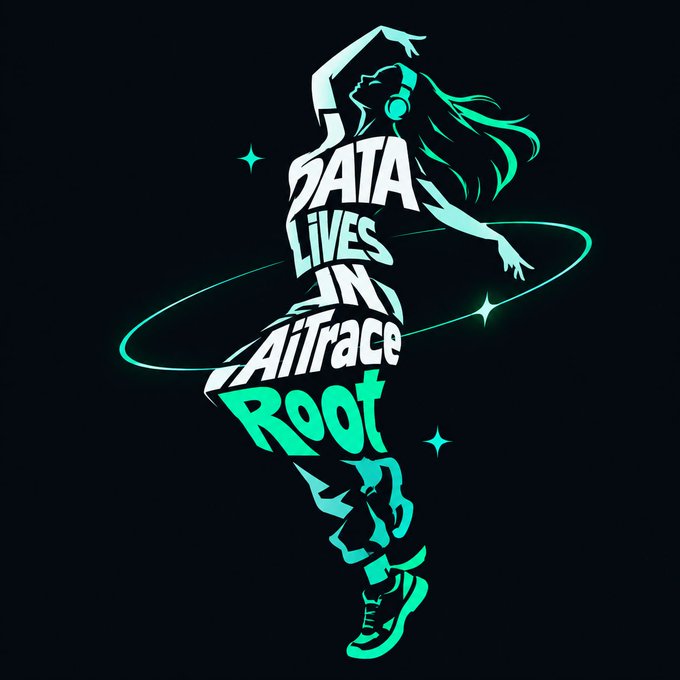 A stylized teal graphic illustration of a dancing figure with flowing hair, wearing headphones, with the text "DATA LIVES IN AirTrace Root" integrated into the silhouette.