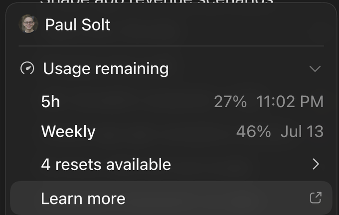 A screenshot of a user's ChatGPT account dashboard for Paul Solt, showing usage remaining with a 5-hour limit at 27% (resets at 11:02 PM) and a weekly limit at 46% (resets Jul 13), along with "4 resets available." The post recommends starting fresh threads with newer models like GPT-5.6 and using the "Medium" (Sonnet/Sol referenced) reasoning mode for best results.