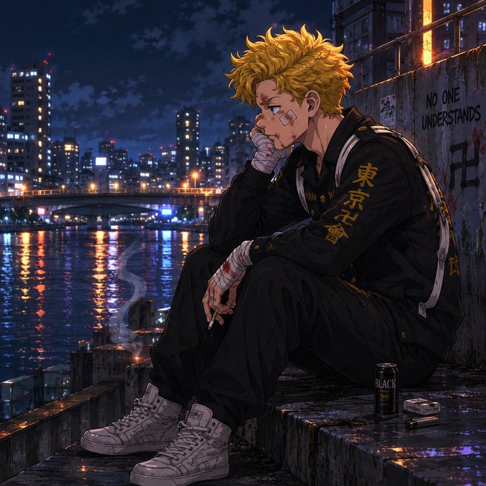 In the image, a man with blonde hair sits alone at night by a body of water, holding a cigarette and looking down. The surrounding cityscape features tall buildings lit up against the dark sky, creating an urban atmosphere. The caption on the image reads "Good Night Fren See y'all tomorrow, rest finger & recharge for next day! Last post about @NomismaNetwork, keep push @useTria still don't know my rank this @TheARCTERMINAL reward confirm or skam? Still quack? @wallchain Why are you alive on earth?". The man's contemplative expression and the urban setting suggest that he is taking a moment to reflect on his life while enjoying the city lights.
