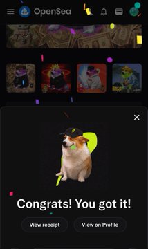 An OpenSea mobile app screen showing a 'Congrats! You got it!' message for a dog NFT collectible.