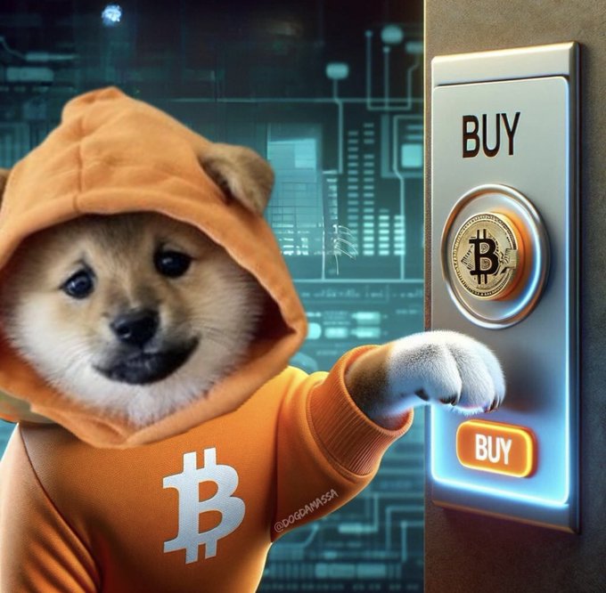 A meme-style image featuring a Shiba Inu dog in an orange Bitcoin hoodie pressing a 'BUY' button with a Bitcoin coin design.