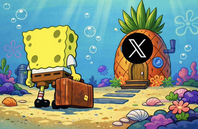 SpongeBob SquarePants is shown carrying a suitcase toward a pineapple house, but the iconic face on the house has been replaced with a black "X" logo. The cartoon character leaving his home while holding luggage humorously mirrors the post's theme of being "locked in" and dedicated to weekend work, as if even SpongeBob is moving into his X (formerly Twitter) timeline to stay productive.
