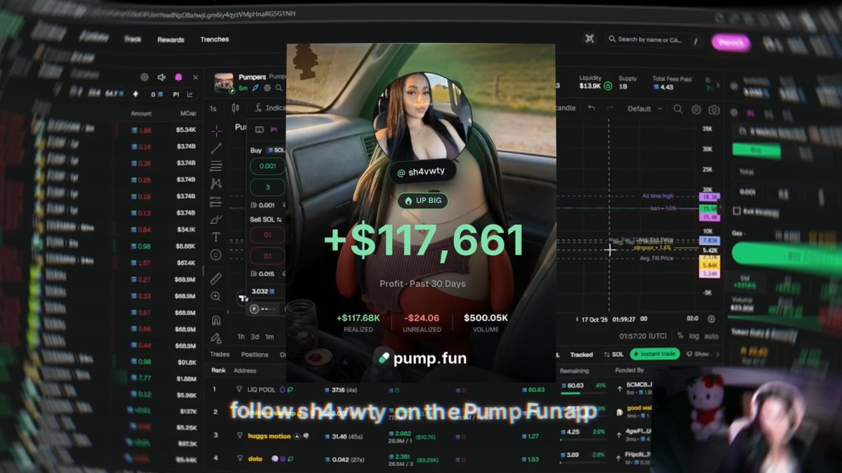 A screenshot from Pump.fun showing a profile for '@sh4vwty' with a total profit of +$117,661 over the past 30 days, including $117.68K realized and $500.05K volume, overlaid with the text 'follow sh4vwty on the Pump Fun app'.