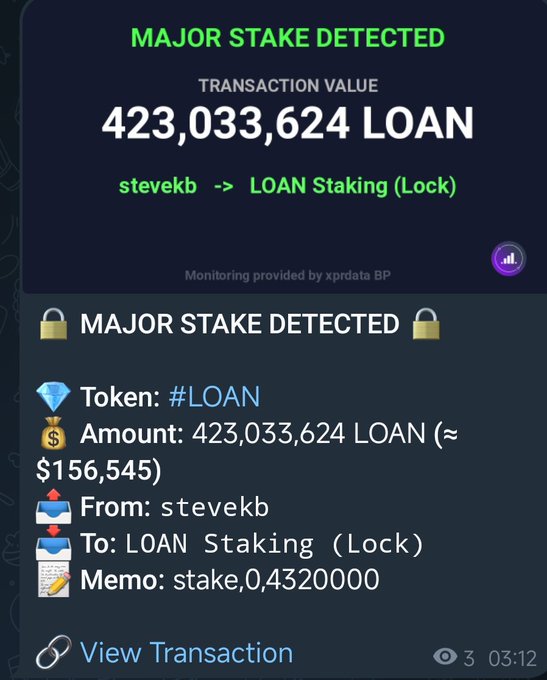 "#XPR Network & #Metal Lloan Community! 10 June HEAVY MOVEMENT Another major move detected by Whale Watcher Transaction: 423,033,624 $LOAN STAKED Approx. value: $156,545 Catch every major move live with XPRDATA Whale Watcher. t.me/xprdata_whale_". Focus on the image and its relationship to the topic of discussion in the post.