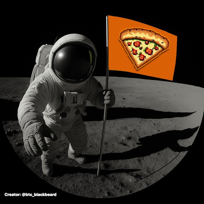An astronaut on the moon plants a flag featuring a pixel-art slice of pizza, humorously referencing the accompanying post's playful nod to "$PIZA" with a "one small step for man, one giant leap" tagline tied to the BRC20 token on Unisat.