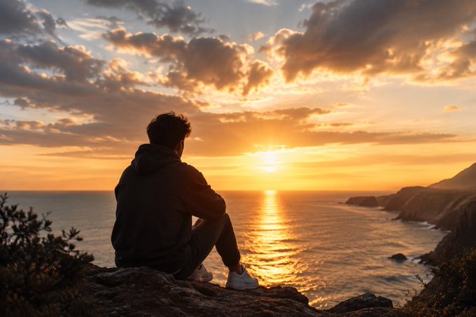 A silhouetted man in a hoodie sitting on a rocky cliff, gazing at a vibrant orange and gold sunset over the ocean with distant mountains visible on the right.