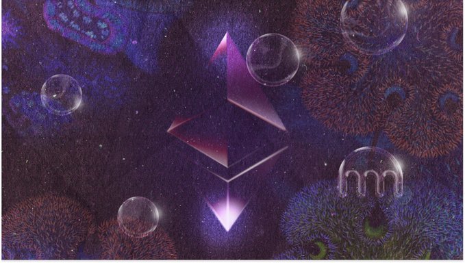 The Ethereum logo glows in purple and pink at the center of a cosmic, dreamlike scene with floating bubbles and coral-like textures, celebrating the network's 11th anniversary against a starry, ethereal backdrop. The watermark "mm" appears subtly on the right side.