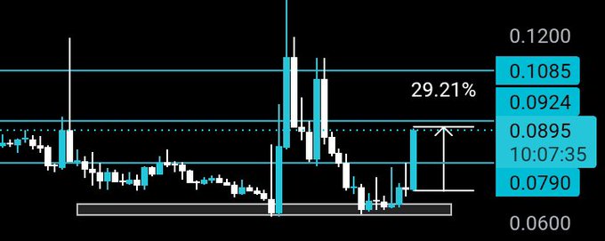 A candlestick chart highlights a 29.21% gain on ticker $ACE, with key price levels marked at 0.1200, 0.1085, 0.0924, 0.0895, and 0.0790, and a timestamp of 10:07:35, visually confirming the post's claim of a profitable trade from entry to current price action.