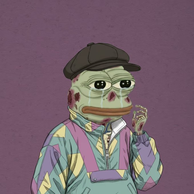 A cartoon illustration of a sad Pepe the Frog character wearing a black cap and a colorful 90s-style windbreaker, crying with visible tears and sporting red marks on his face.