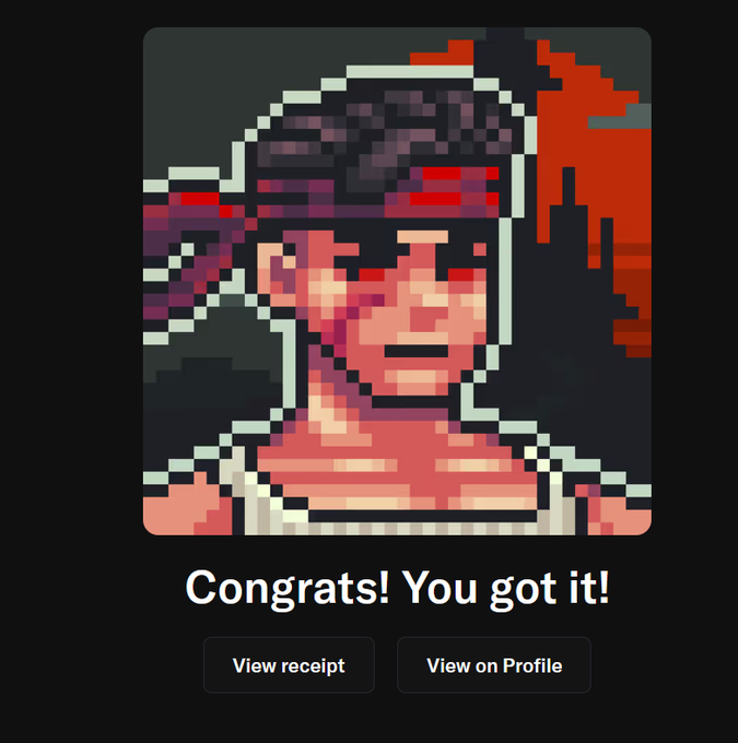 A pixel-art style profile picture showing a person with dark hair and reddish tones on a dark red background, with text "Congrats! You got it!" and buttons for "View receipt" and "View on Profile".