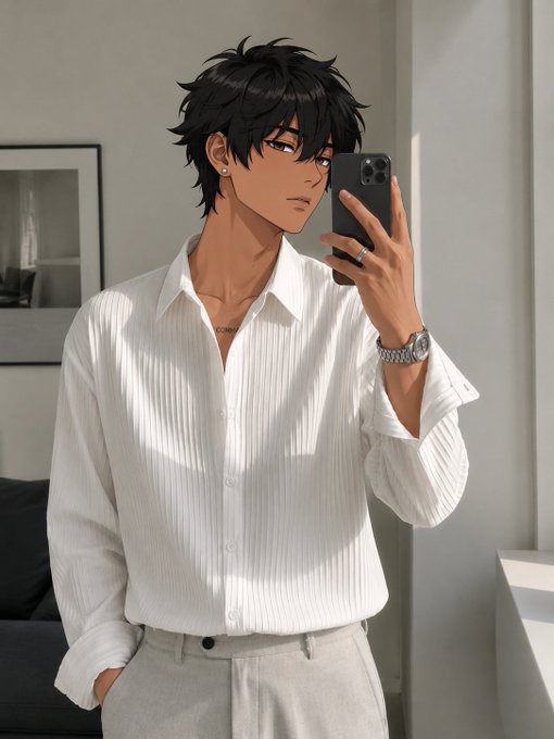 A stylish man with messy black hair takes a mirror selfie in a crisp white button-down shirt and silver watch, projecting confidence and self-assurance. The polished, put-together look reinforces the post's message of chasing success, productive connections, and strong personal branding this week.