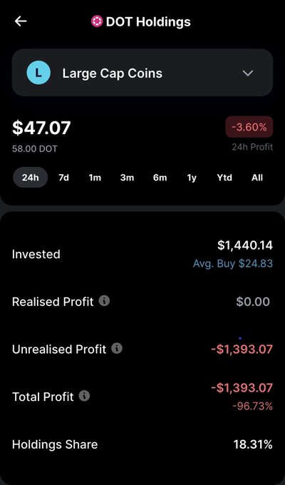Screenshot of a crypto portfolio app showing DOT Holdings (Polkadot) with a current value of $47.07 for 58.00 DOT, down 3.60% over 24 hours, illustrating the post's message about the steep losses from holding Polkadot since averaging in at $24.83.