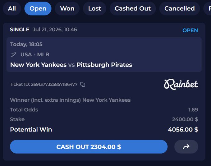 Rainbet sports betting app screen showing an open single bet on USA MLB: New York Yankees vs Pittsburgh Pirates, stake $2,400.00, total odds 1.69, potential win $4,056.00, with a $2,304.00 cash out option.