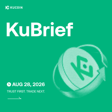 A green KuCoin promotional graphic titled "KuBrief" dated "Aug 28, 2026" with the tagline "Trust First. Trade Next." features a stylized dotted coin illustration, serving as the header for a weekly PR round-up highlighting KuMining's launch of KAS Cloud Mining.