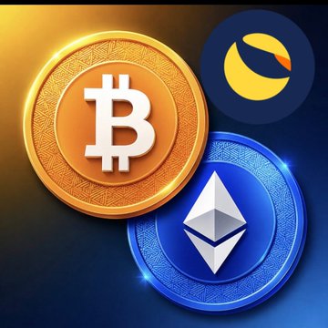 A golden Bitcoin coin overlaps with a blue Ethereum coin, accompanied by a small yellow crescent-shaped logo in the corner. The image showcases major cryptocurrencies, while the post references $LUNC, suggesting a focus on altcoin momentum or recovery alongside these top crypto assets.