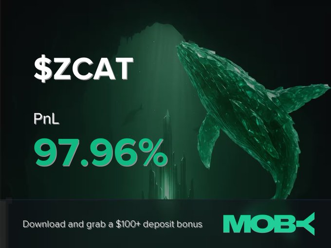 A promotional graphic for $ZCAT cryptocurrency by MOBX, featuring a translucent green whale over an underwater scene, displaying 'PnL 97.96%' and 'Download and grab a $100+ deposit bonus'.