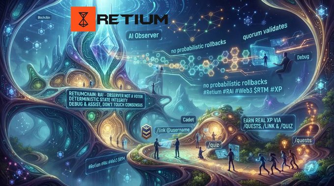 A complex, fantasy-themed promotional graphic for 'RETIUM', an 'AI Observer' project. It features a colorful, intricate landscape with people, network nodes, and text mentioning 'no probabilistic rollbacks', 'quorum validates', 'Debug', 'Cadet', and earning 'REAL XP VIA /QUESTS, /LINK & /QUIZ'.