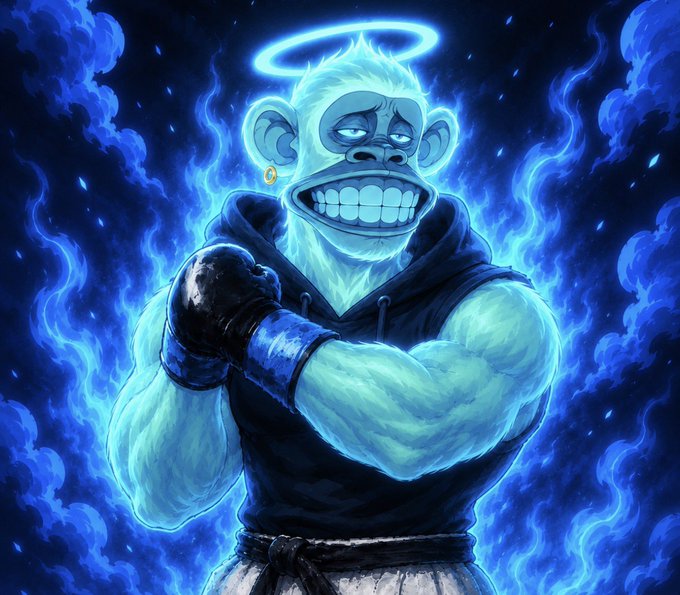 This image depicts a blue-hued ape with boxing gloves and a halo, surrounded by ethereal blue flames. It likely represents a digital asset or NFT, relevant to the airdrop mentioned in the accompanying post.