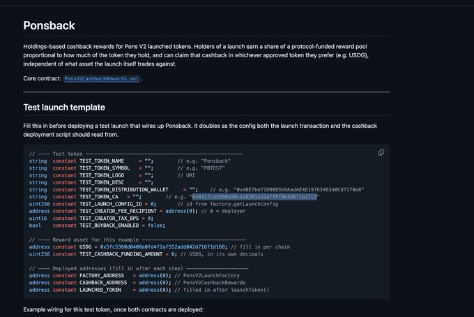 The image displays documentation for a "Ponsback" cashback rewards system for Pons V2 tokens, including a "Test launch template" Solidity code snippet defining test token constants (TEST_TOKEN_NAME = "Ponsback", TEST_TOKEN_SYMBOL = "PBTEST") and deployed addresses referencing the contract 0x031fcd3580d20ca18381e12aff6f0e3d67cb27c3 shown in the post. The template configures test token deployment with factory wiring for cashback rewards, illustrating the setup used by the Pons team to deploy the test cashback token.