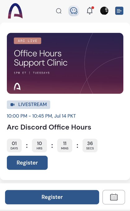 A screenshot of an 'Arc' app livestream page for 'Office Hours Support Clinic' / 'Arc Discord Office Hours' scheduled for 10:00 PM PKT on July 14, showing a countdown timer.
