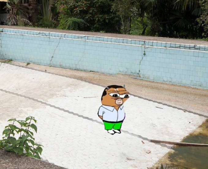 An animated character with a grumpy expression, wearing sunglasses, a light blue shirt, and green pants, standing in front of an empty tiled pool.
