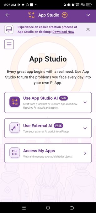 The image shows the Pi Network App Studio interface, displaying options to "Use App Studio AI" (Beta), "Use External AI" (Free), and "Access My Apps." This relates to the post's announcement about Pi Network restructuring app development fees away from a flat 0.25 PI model toward AI compute-based pricing, which would be reflected in the App Studio's AI-powered app creation options shown here.