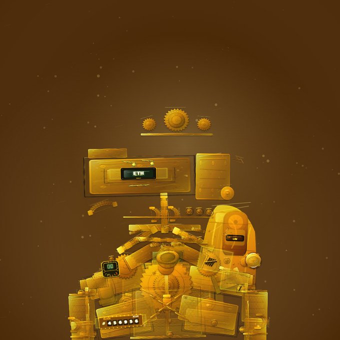 A stylized golden illustration of an astronaut-like robot figure covered in mechanical parts, gears, and digital displays, with one screen showing 'ETH' and another '001'.
