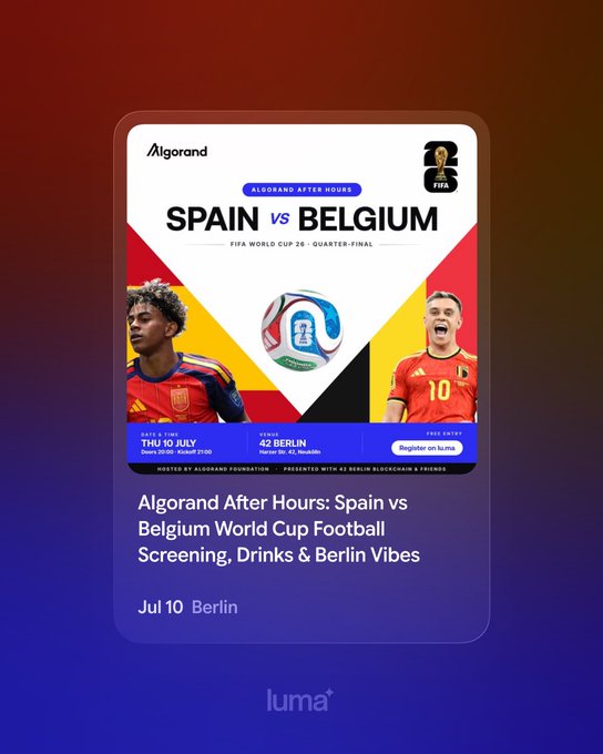A Luma event page advertising 'Algorand After Hours: Spain vs Belgium World Cup Football Screening, Drinks & Berlin Vibes' on July 10 at 42 Berlin.