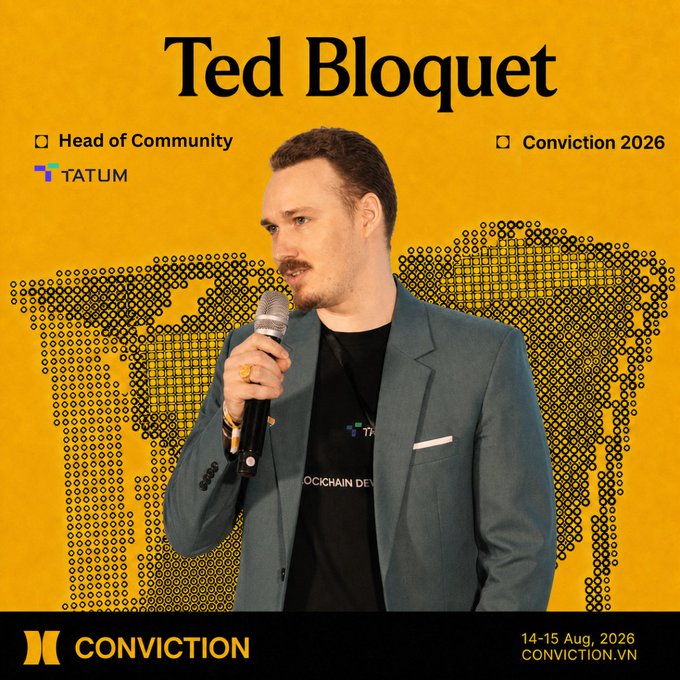 A promotional speaker card for 'Ted Bloquet,' Head of Community at TATUM, speaking at Conviction 2026, dated 14-15 Aug, 2026 at CONVICTION.VN.