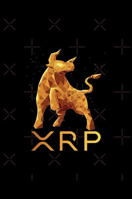 A golden geometric bull stands triumphantly above the text "XRP" against a dark background patterned with X symbols. The bullish imagery complements the post's celebratory tone about the CLARITY Act passing, symbolizing XRP's anticipated regulatory breakthrough and price surge.