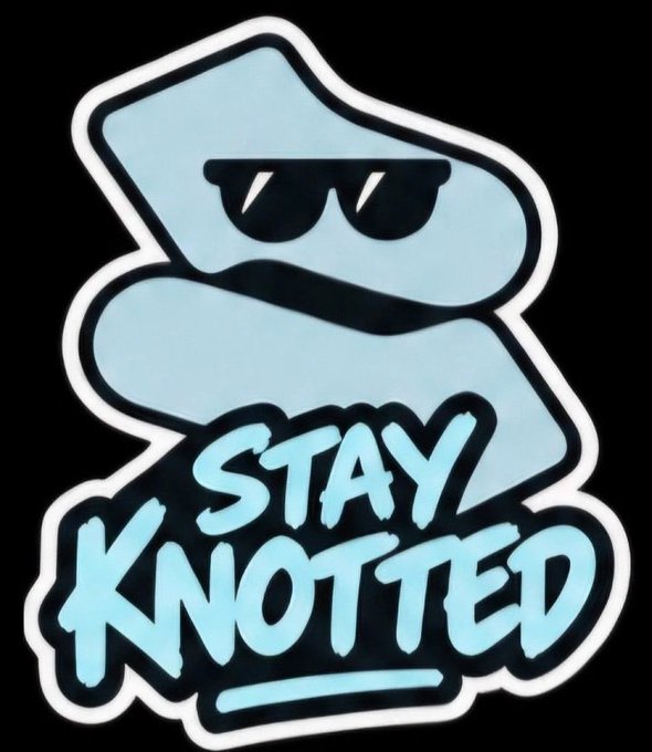 A sticker-style illustration features a light blue rolled towel or cloth wearing sunglasses with the text "STAY KNOTTED" displayed prominently below it.
